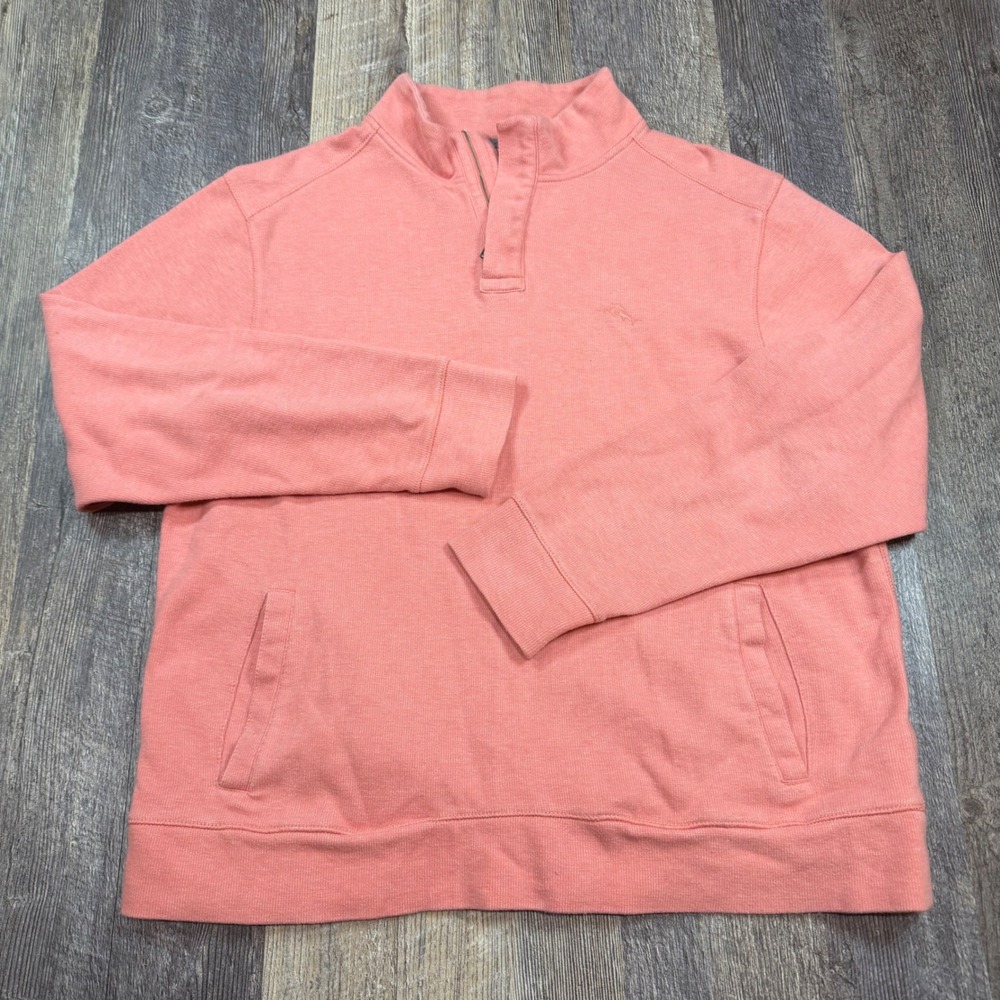 Tommy Bahama Pullover Mens Large Coral Pink 1/4 Quarter Zip Pullover Mock Neck